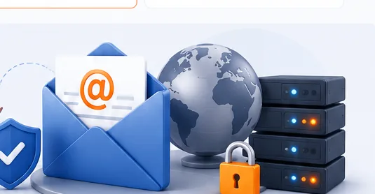 Secure business email with envelope, globe, shield and servers