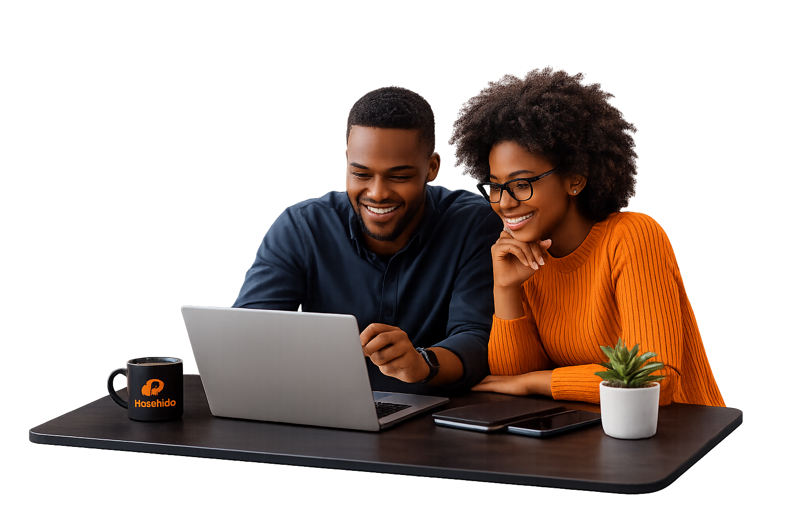 Smiling business team reviewing a website on a laptop