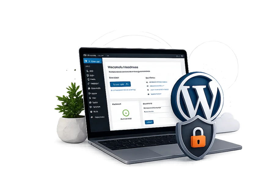 WordPress hosting dashboard with laptop, security shield and WordPress logo