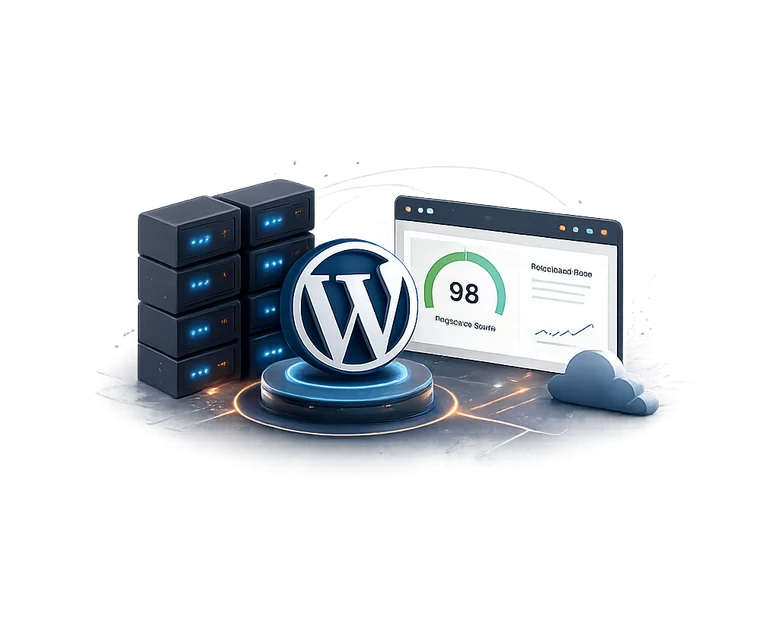 WordPress performance infrastructure with servers and PageSpeed score